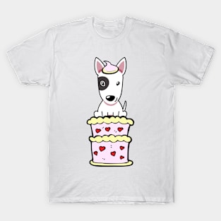 Bull terrier dog Jumping out of a cake T-Shirt